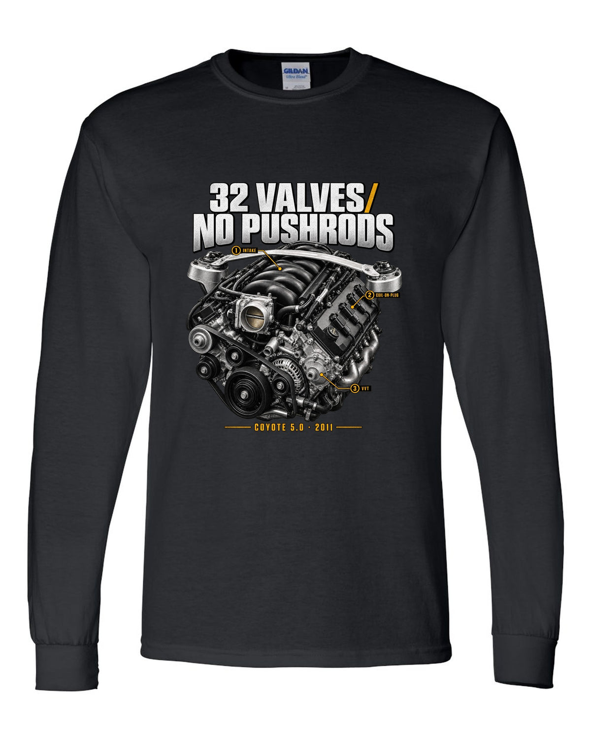 print of a Ford Mustang S197 GT 5.0 Coyote engine bay with callouts black long sleeve front view with the design