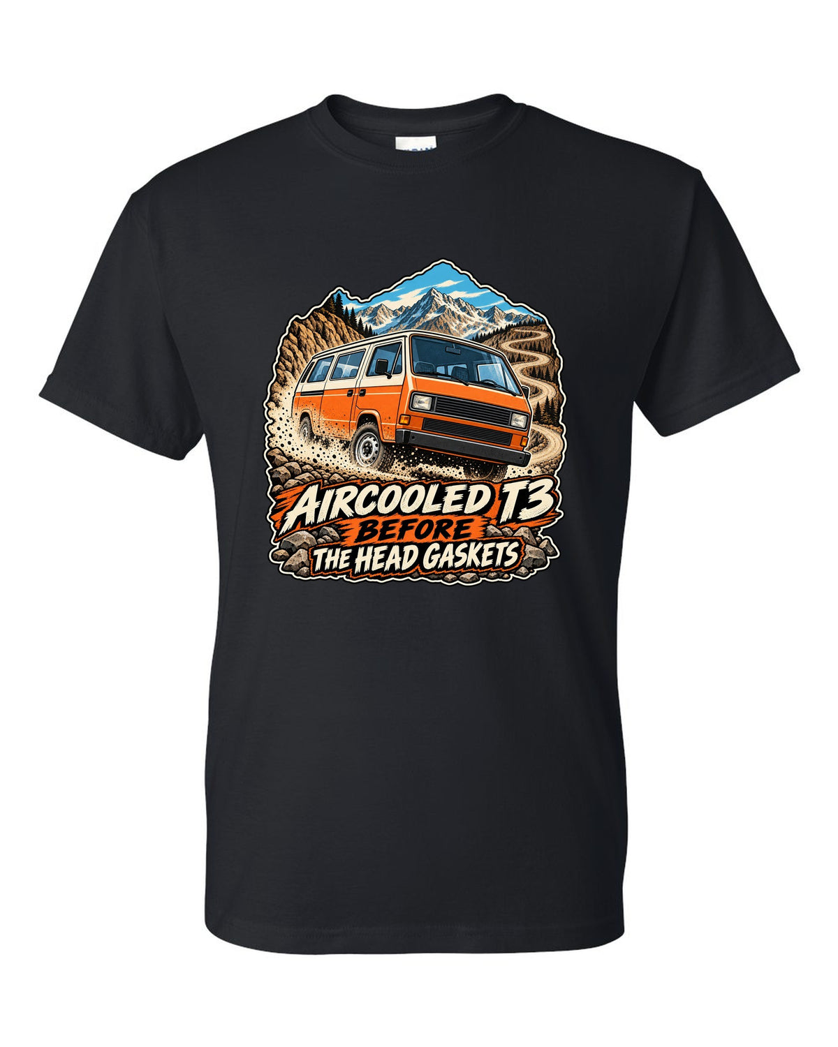 Vintage race poster style VW Vanagon T3 on a dusty pass with aircooled T3 before the head gaskets text black t-shirt front view with the design