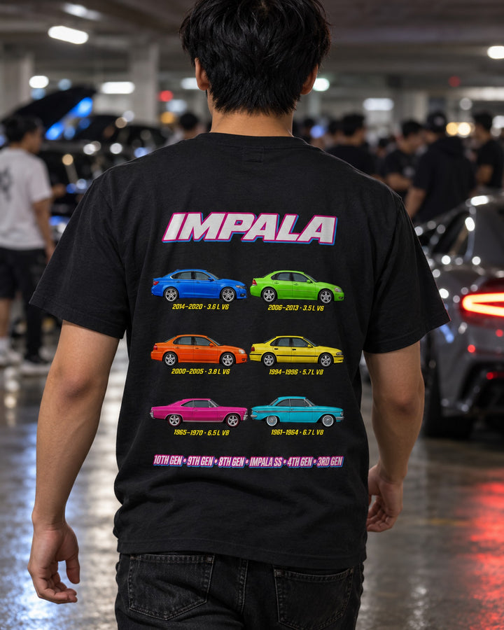 Chevy Impala Evolution Poster Full-Back Graphic Tee T-Shirt Black worn hero