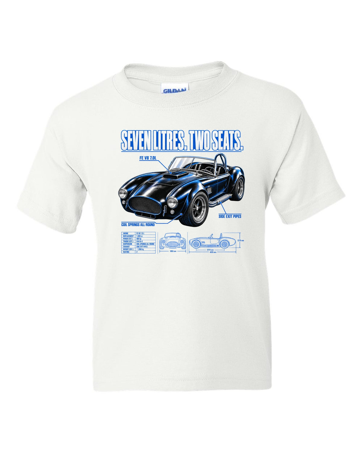 Top-down spec poster print of a 1965-1967 Shelby-style 427 roadster white kids tee front view with the design