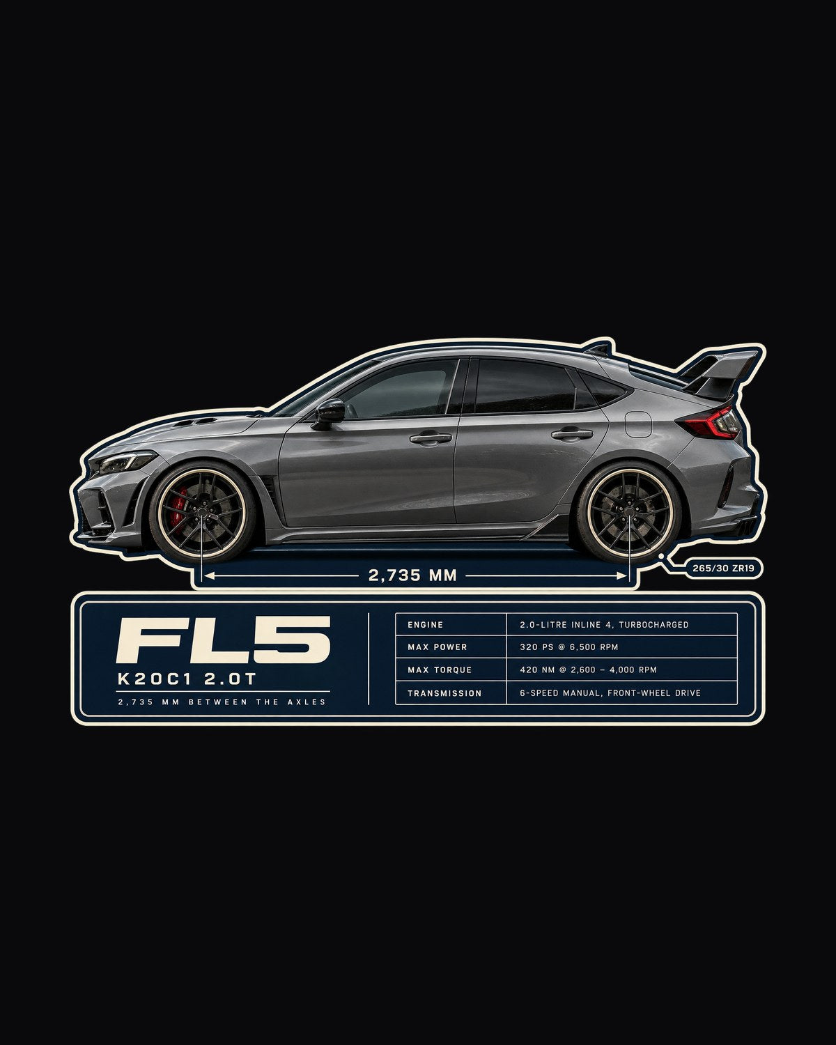 Honda Civic Type R FL5 Wheelbase Blueprint Shirt, Car Gift design only