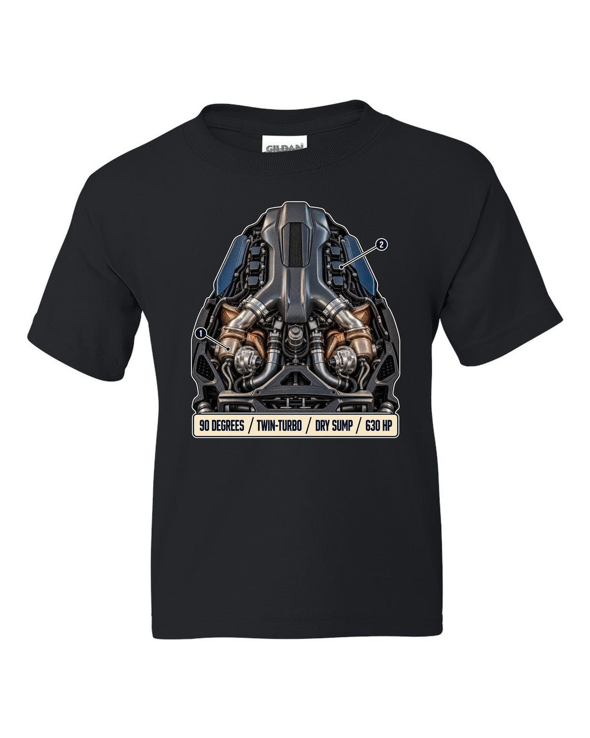 Maserati MC20 Nettuno V6 engine hero illustration, print black kids tee front view with the design