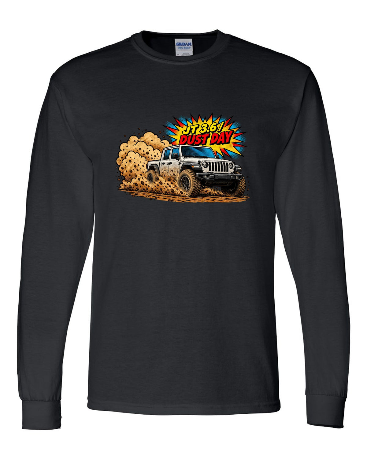 Jeep Gladiator JT mid-burnout in comic halftone pop art with JT 3.6 dust day text black long sleeve front view with the design