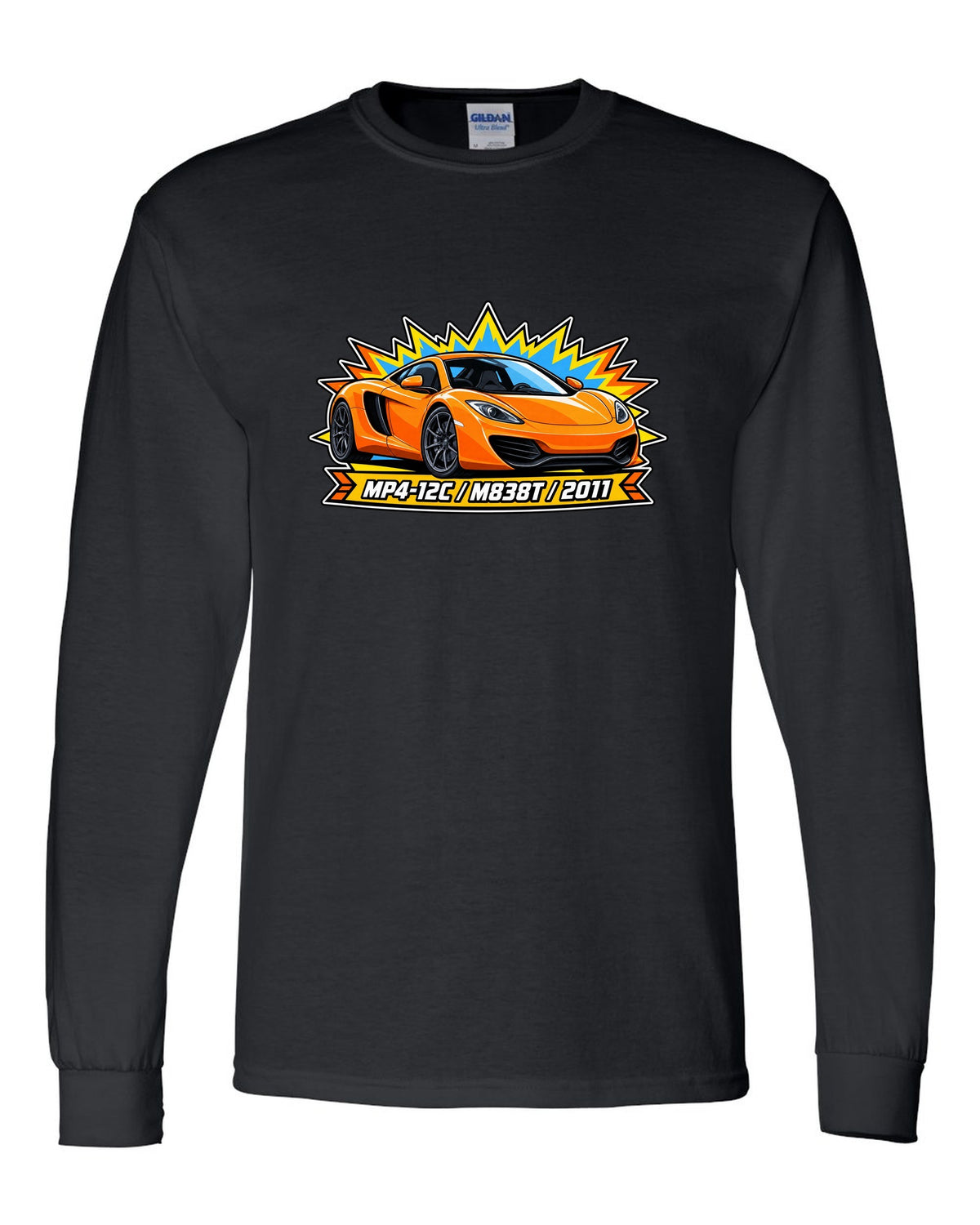 Toy blister card print of a McLaren 12C with MP4-12C, M838T and 2011 lettering black long sleeve front view with the design