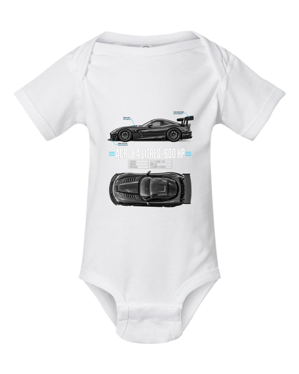 2008 Dodge Viper ACR ZB II top-down and profile spec poster print white baby onesie front view with the design