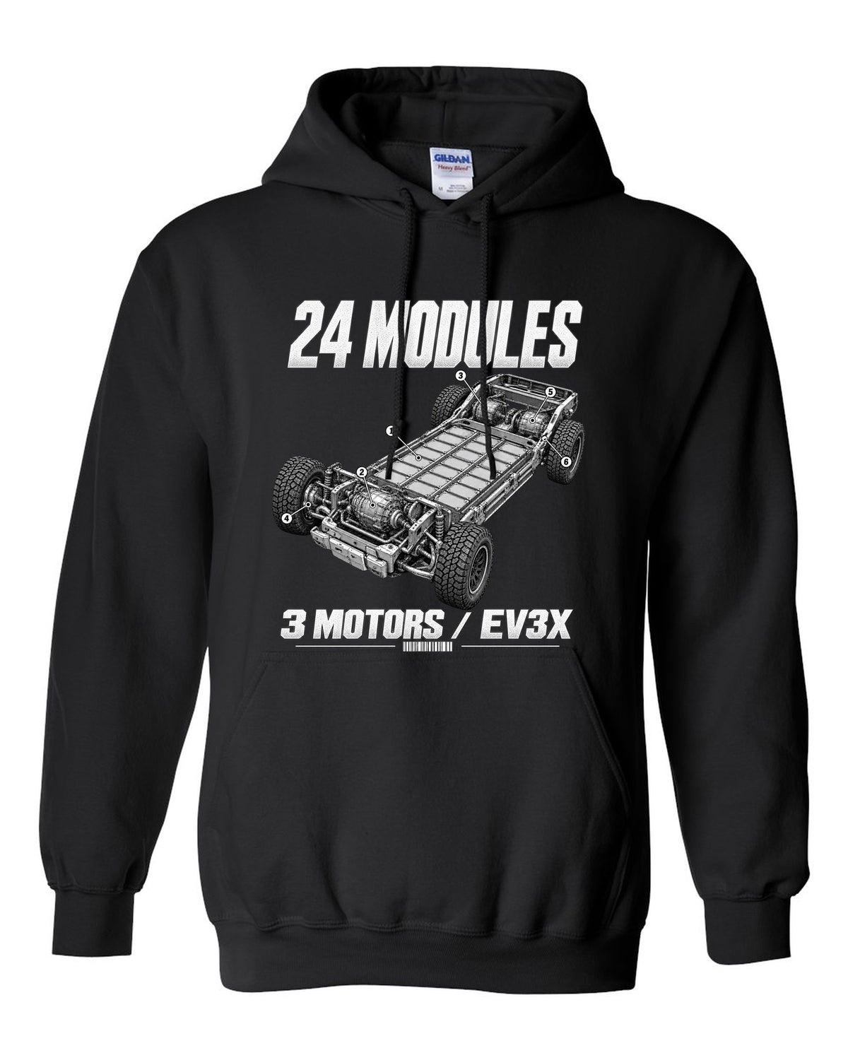 Cutaway of the GMC Hummer EV pickup battery pack and motors with labels black pull over hoodie front view with the design
