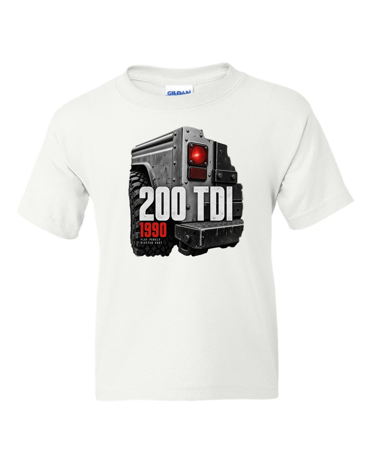 Land Rover Defender 200 Tdi taillight and riveted panel macro print white kids tee front view with the design