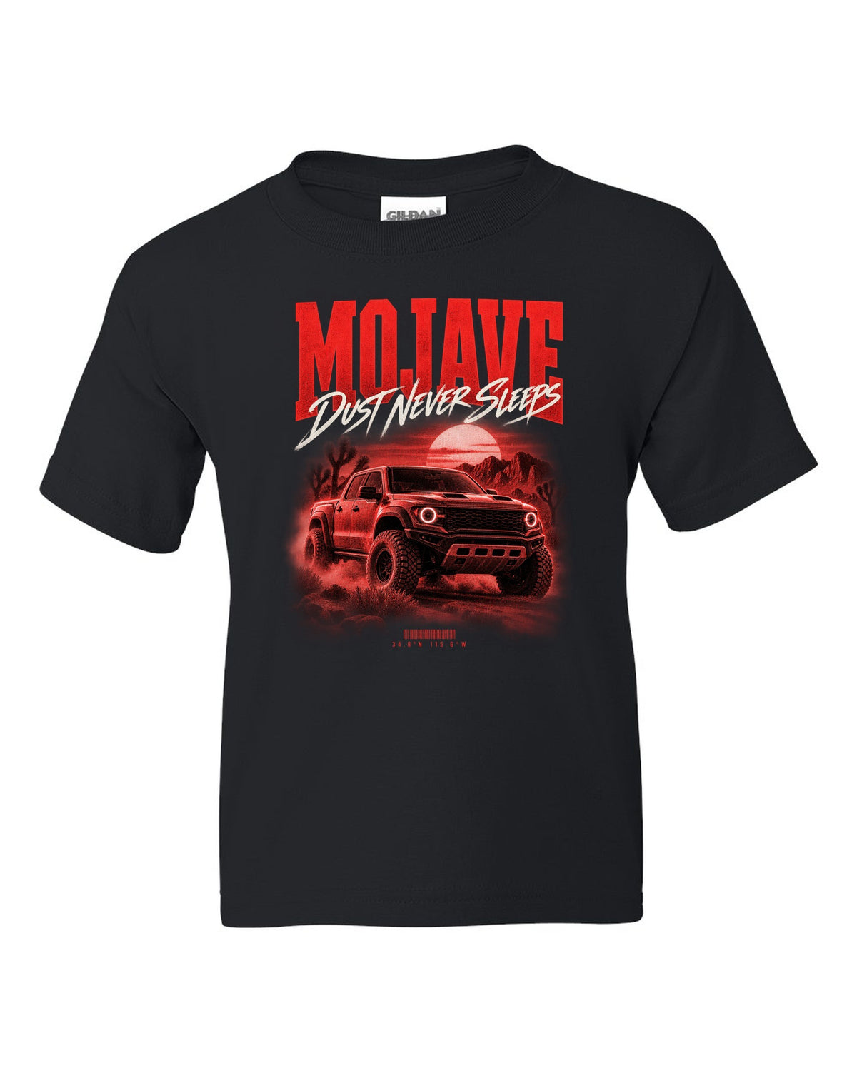 Jeep Gladiator JT Mojave street poster print with desert coordinates black kids tee front view with the design