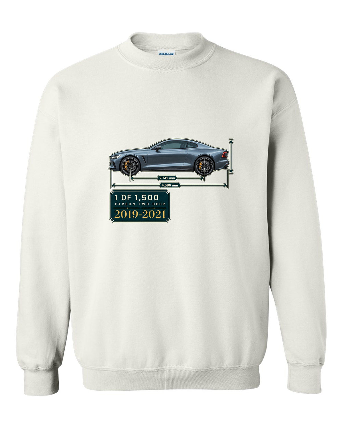 Polestar 1 archive panel print showing 1 of 1,500 carbon two-door white crewneck front view with the design