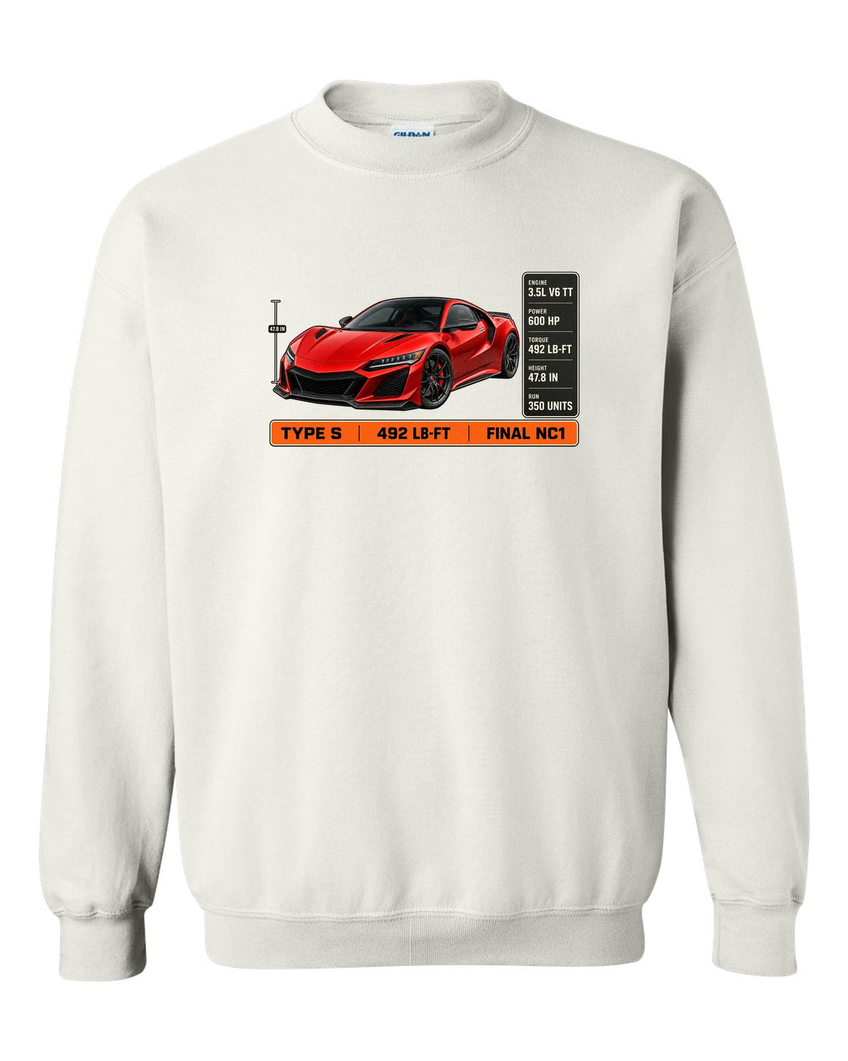 Spec poster print of a Curva Red Acura NSX NC1 Type S three-quarter white crewneck front view with the design