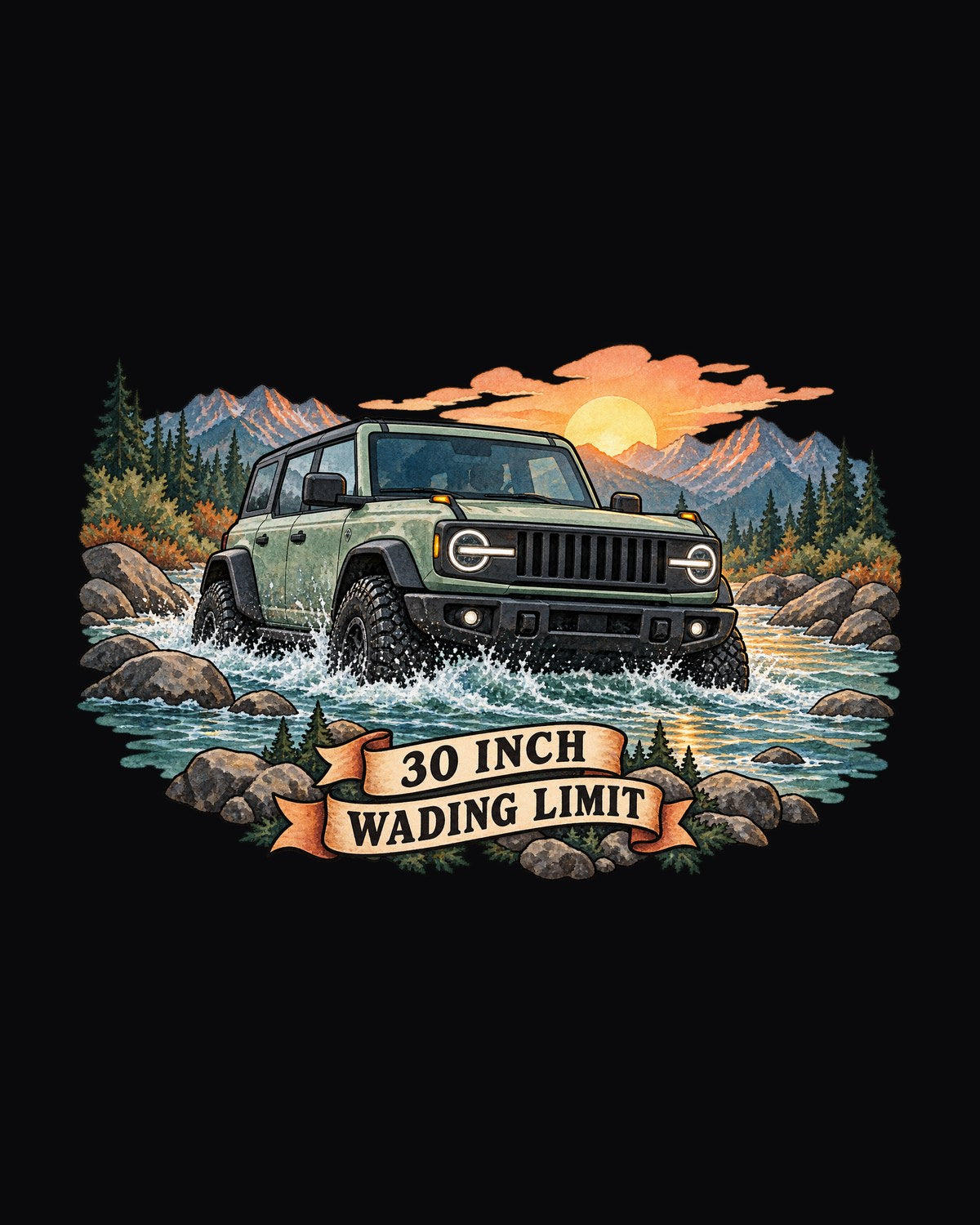 Wrangler JLU 30 Inch Wading Limit Watercolour River Shirt design only