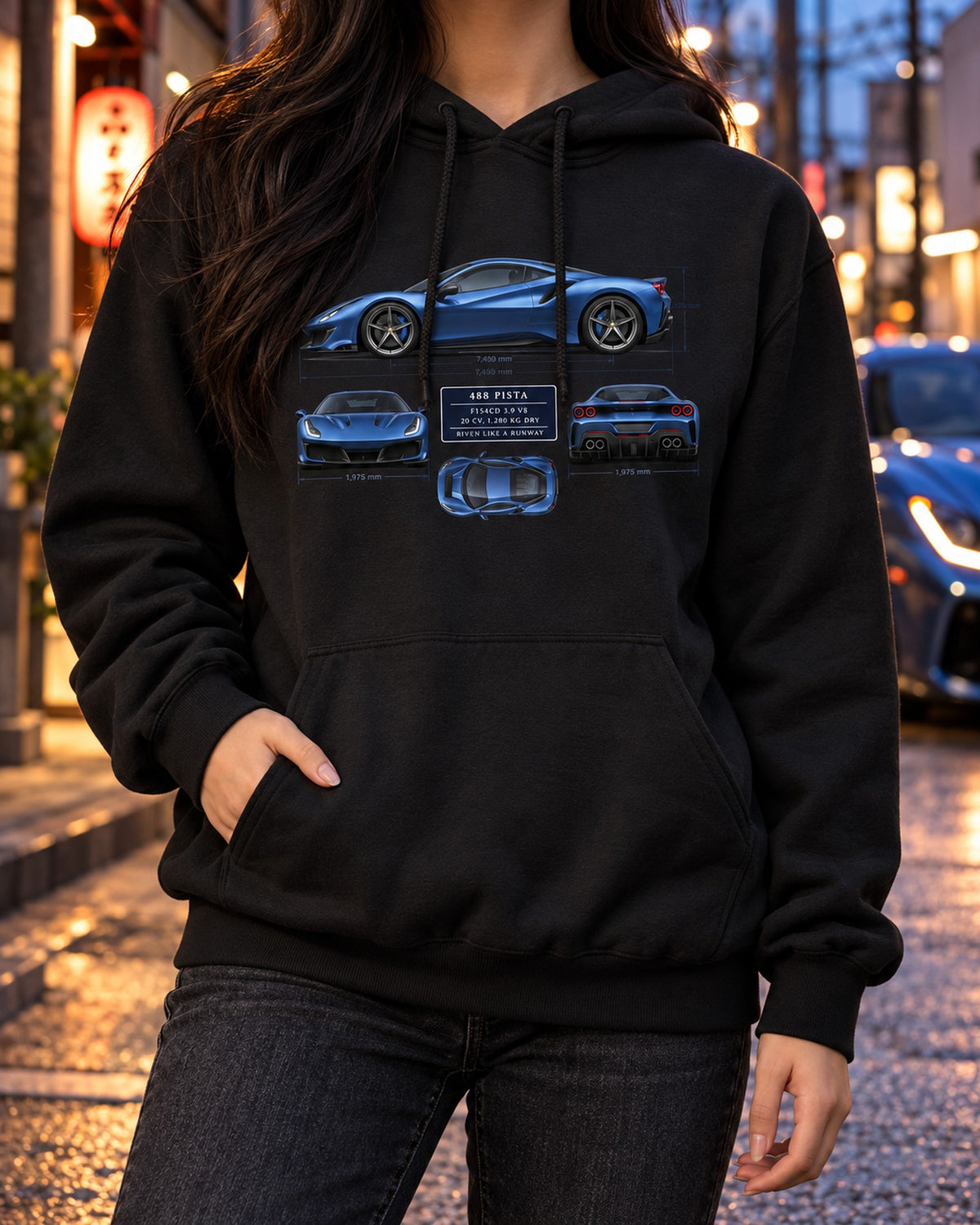 Ferrari 488 Pista Blueprint Shirt, F154CD V8 print Pull Over Hoodie Black worn hero