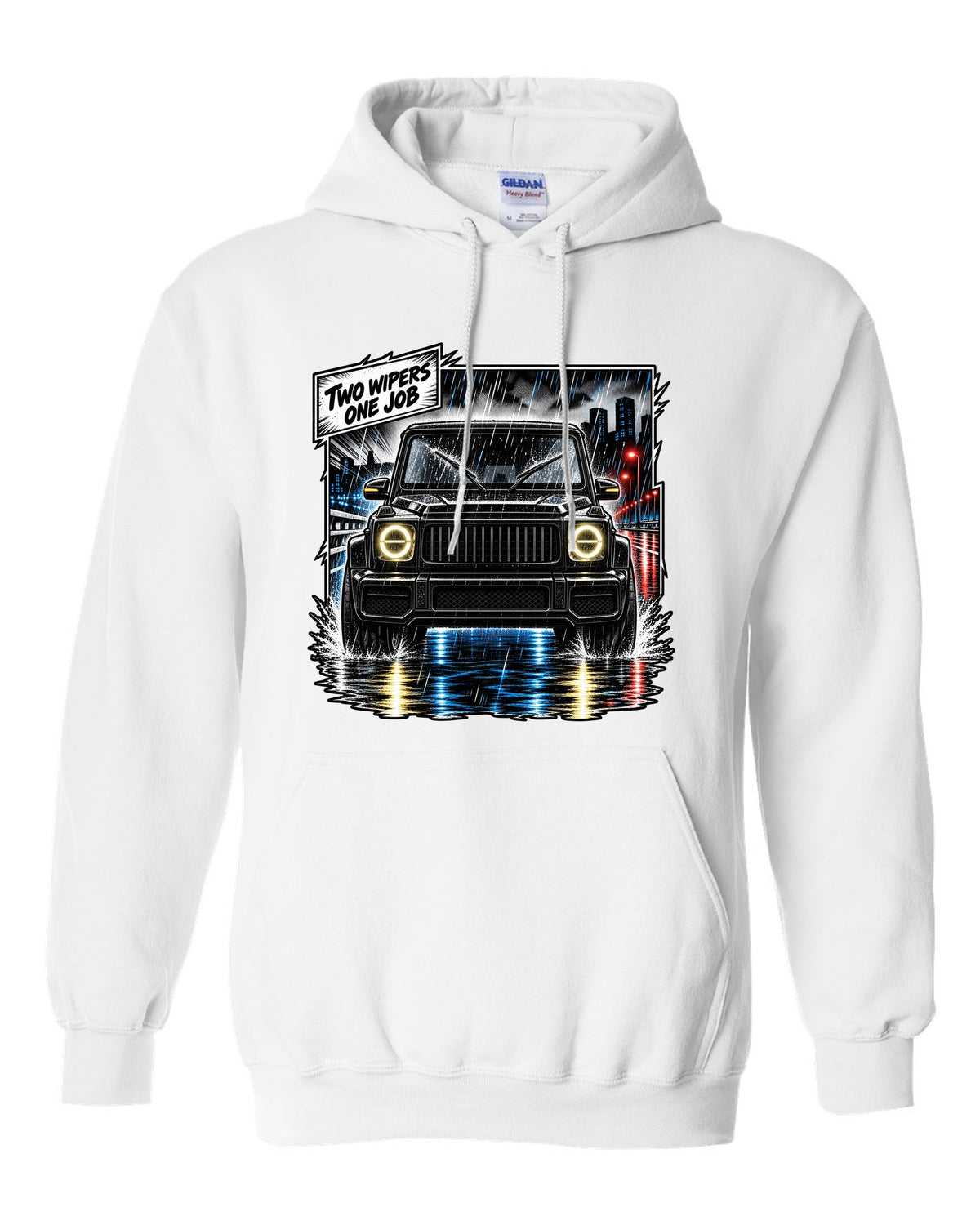 Round enamel-pin style crest graphic reading W463 3 Lockers 4x4 for the Mercedes G-Class, print white pull over hoodie front view with the design