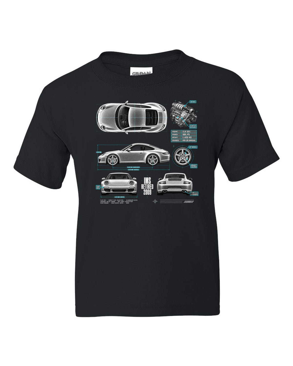 Spec poster print of a Porsche 911 Carrera S (997.2) with the headline IMS Retired 2009 black kids tee front view with the design