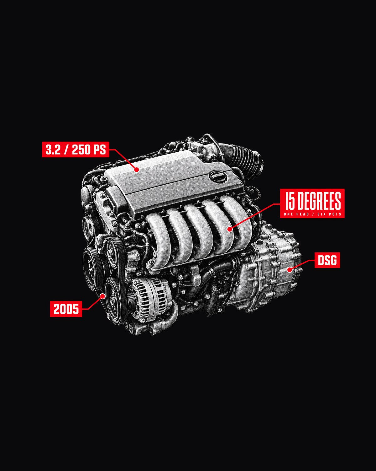VW Golf R32 Mk5 VR6 Engine Hero print Tee, Car Gift design only