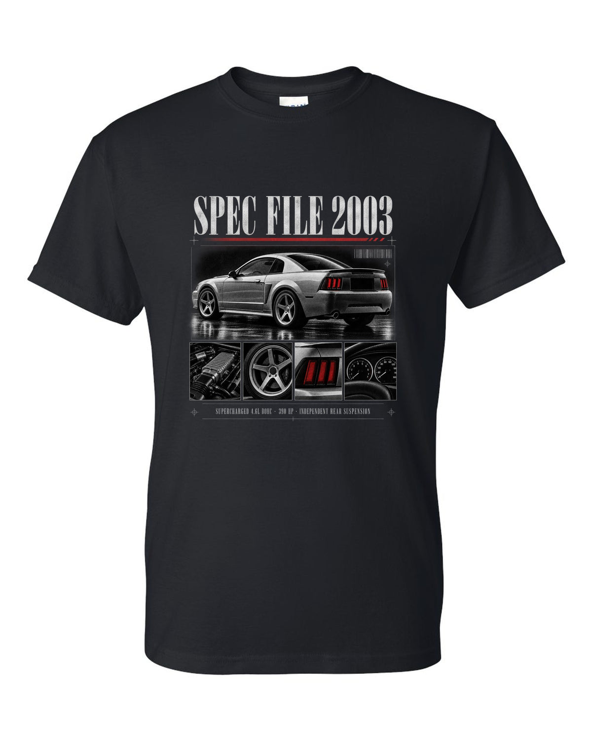 Dossier panel profile of a 2003 Ford Mustang SVT Cobra New Edge with spec file lettering black t-shirt front view with the design