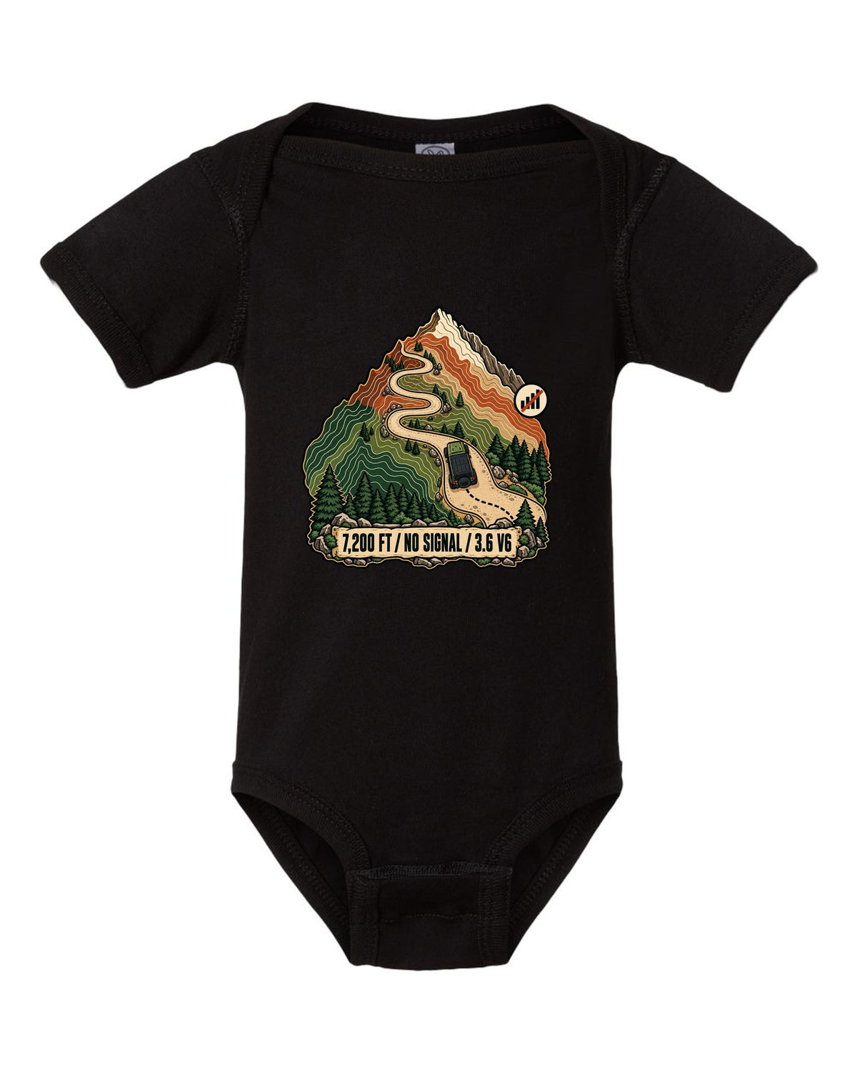 Topographic route map illustration of mountain switchbacks for a Jeep Wrangler JK with 7,200 FT NO SIGNAL 3.6 V6 lettering black baby onesie front view with the design
