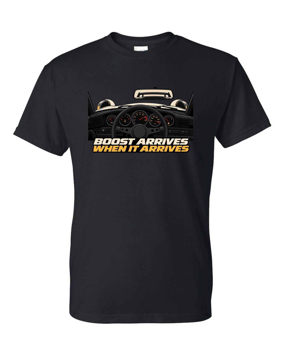 Gauge cockpit vector print of a 1993 Porsche 911 Turbo 964 with Boost Arrives When It Arrives lettering black t-shirt front view with the design