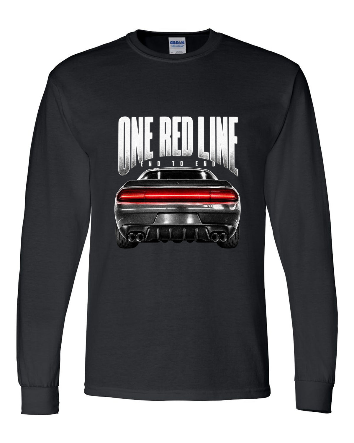 Taillight macro print of a 2015 Dodge Challenger Scat Pack with a single red line black long sleeve front view with the design
