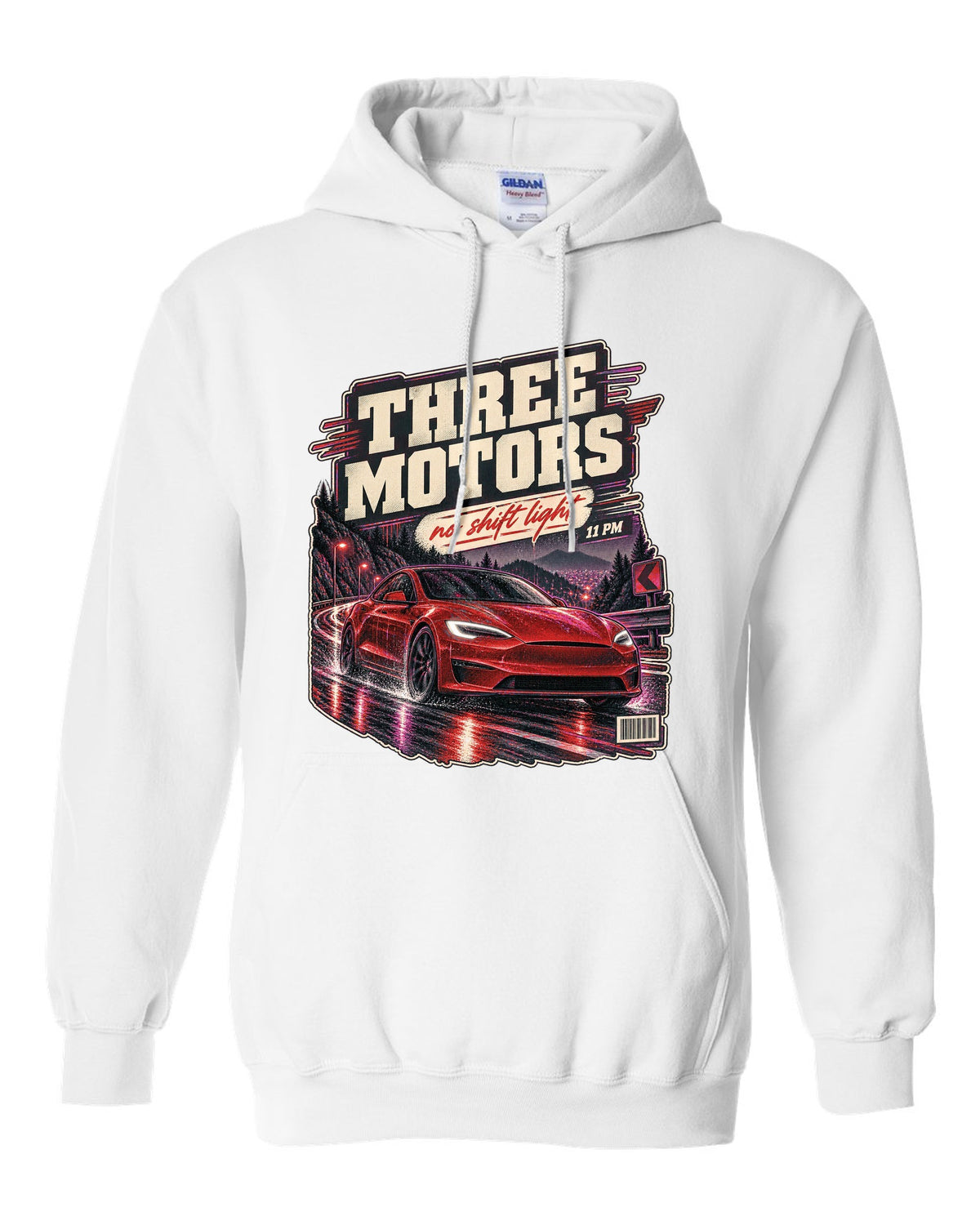 Night street print of a Tesla Model S Plaid on a wet road white pull over hoodie front view with the design