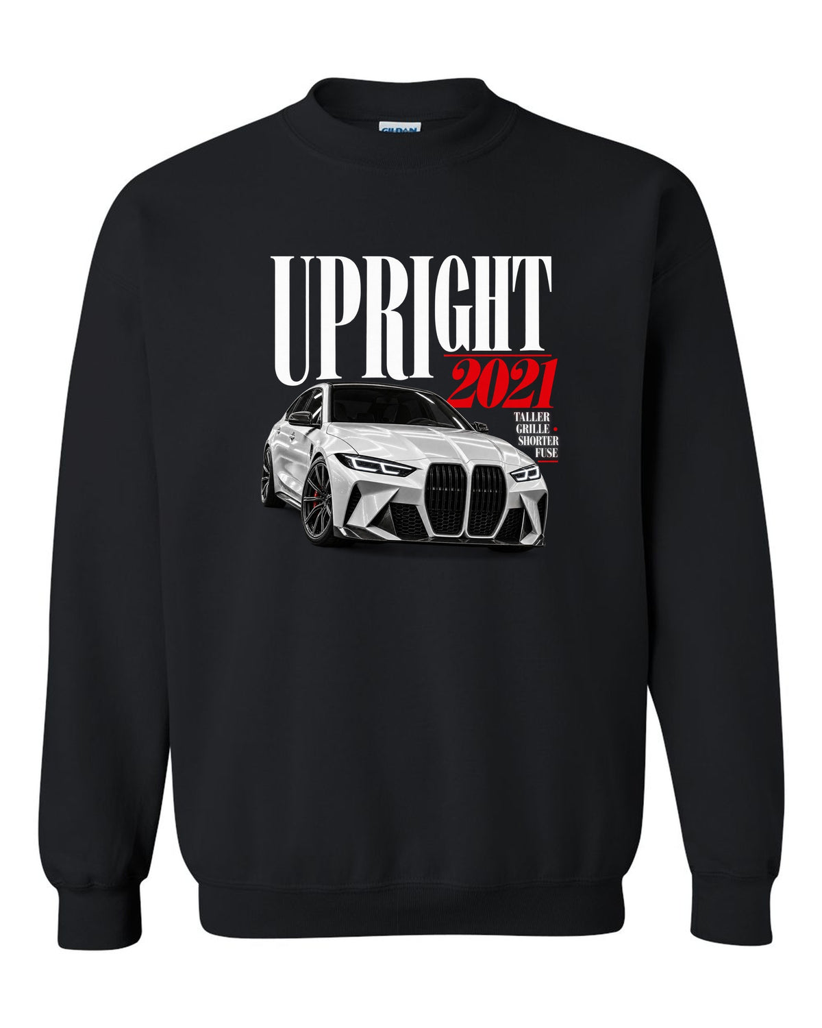 BMW G80 M3 editorial print with upright 2021 headline and grille tagline black crewneck front view with the design