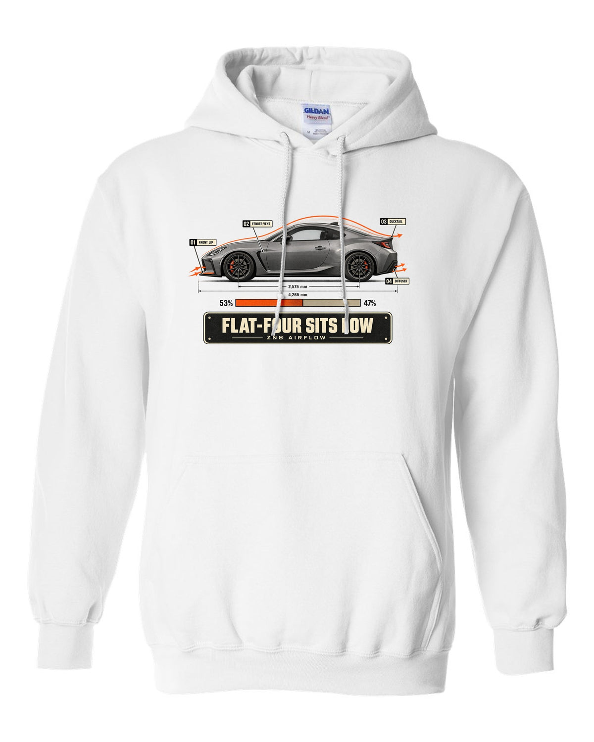Cutaway-style airflow diagram of a Toyota GR86 ZN8 with callouts, poster-style print white pull over hoodie front view with the design