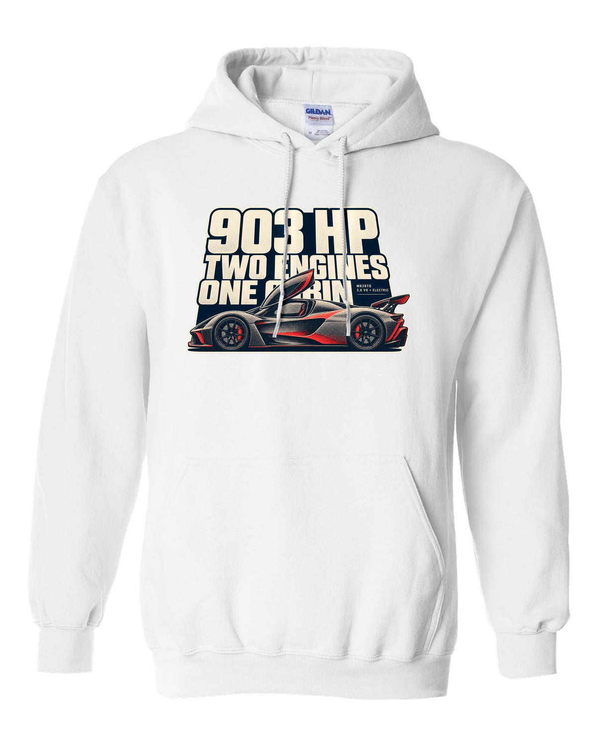 Halftone print of a McLaren P1 in warm grey and red, 903 HP two engines white pull over hoodie front view with the design
