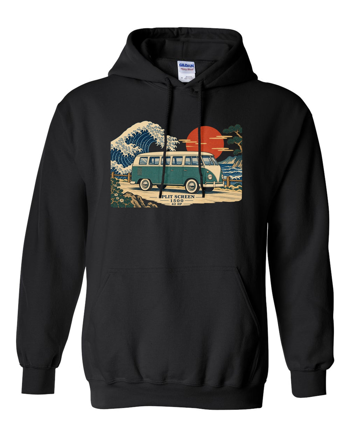Ukiyo-e woodblock of a 1963 split-window VW Bus T1 with a wave and 42 HP lettering black pull over hoodie front view with the design