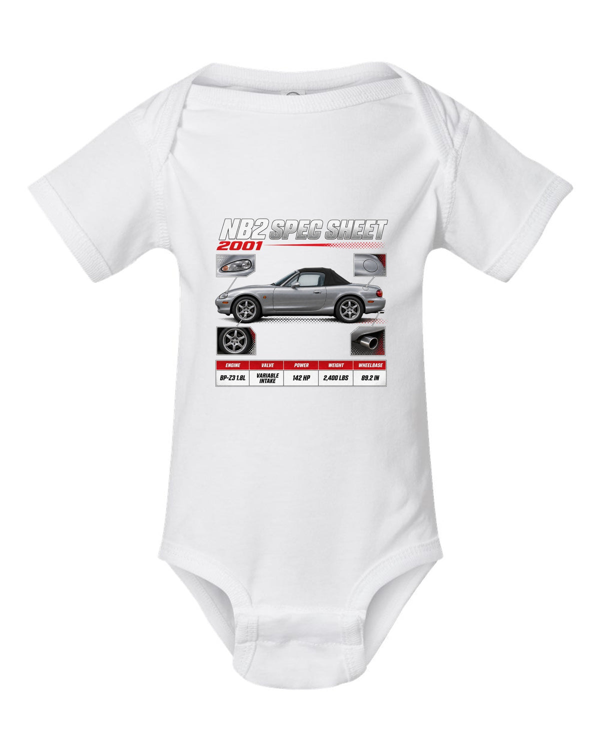Spec poster print for the 2001 Mazda MX-5 NB2 reading NB2 spec sheet, 2001, variable intake white baby onesie front view with the design