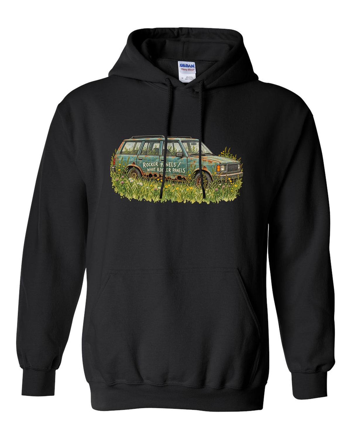 Watercolour print of a Jeep Cherokee XJ in a meadow with a rocker panel joke black pull over hoodie front view with the design