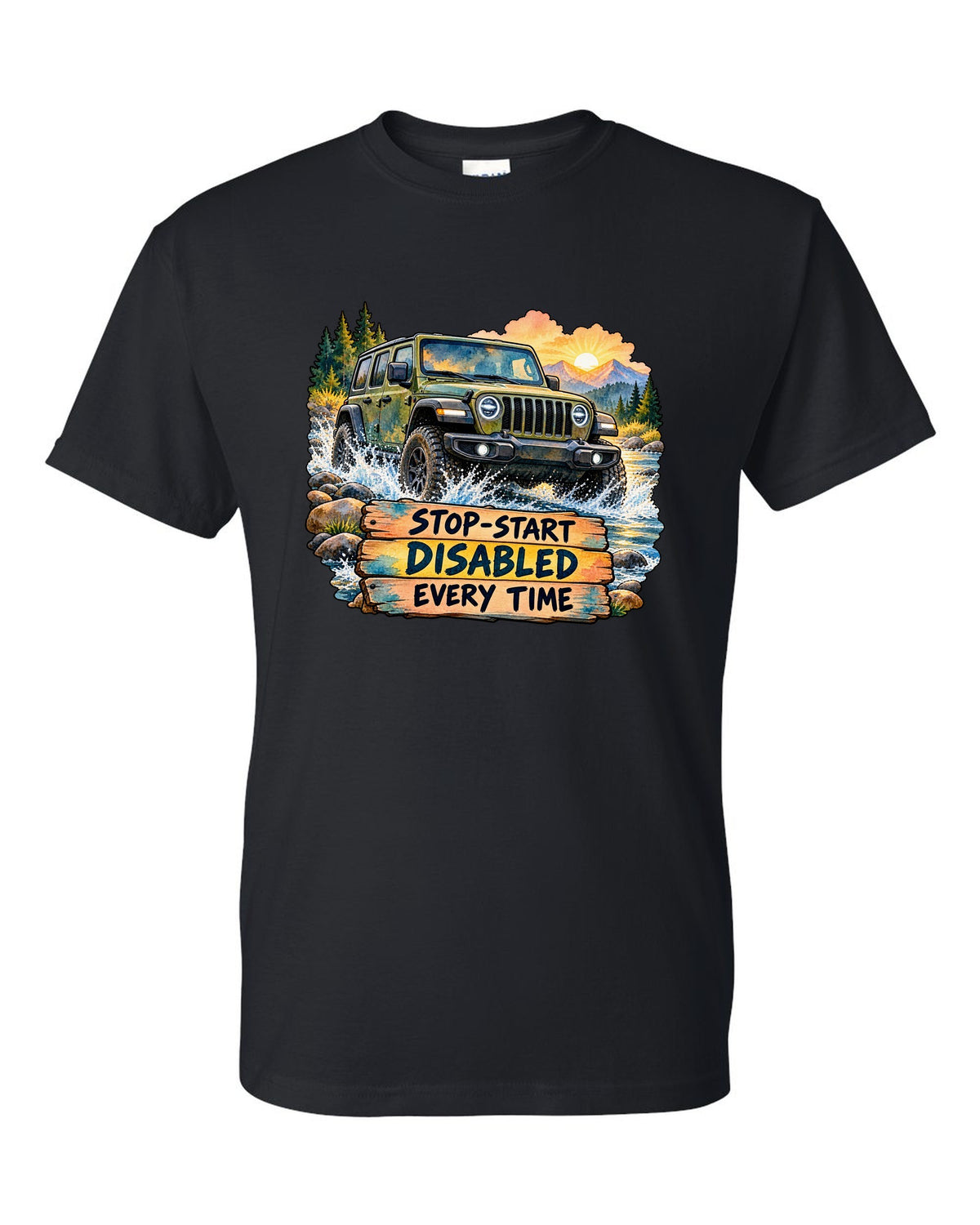 Watercolour night road print of a Jeep Wrangler JL with stop-start disabled text black t-shirt front view with the design