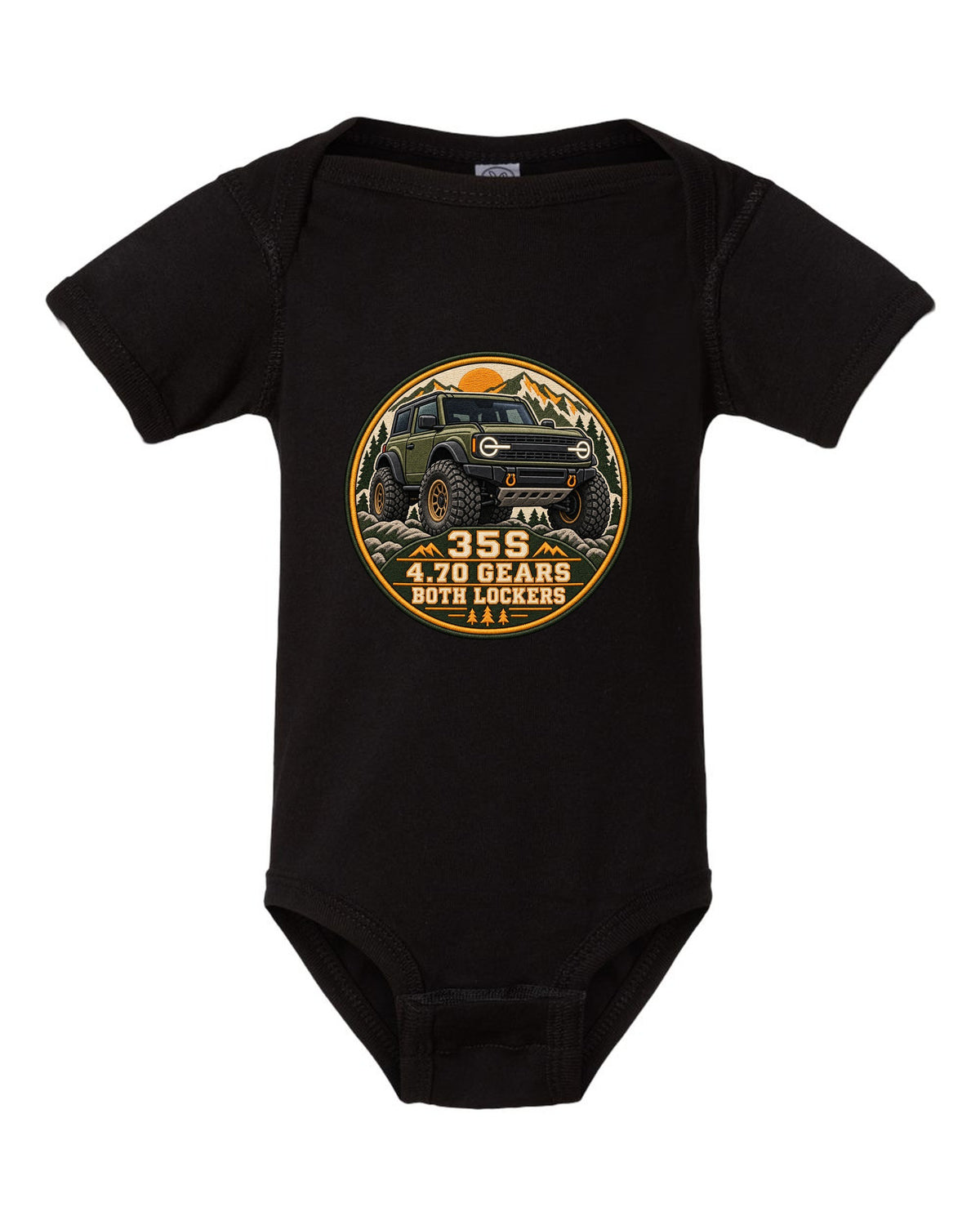 Round seal print for a 2021 Ford Bronco 6G Sasquatch package with 35s and lockers text black baby onesie front view with the design