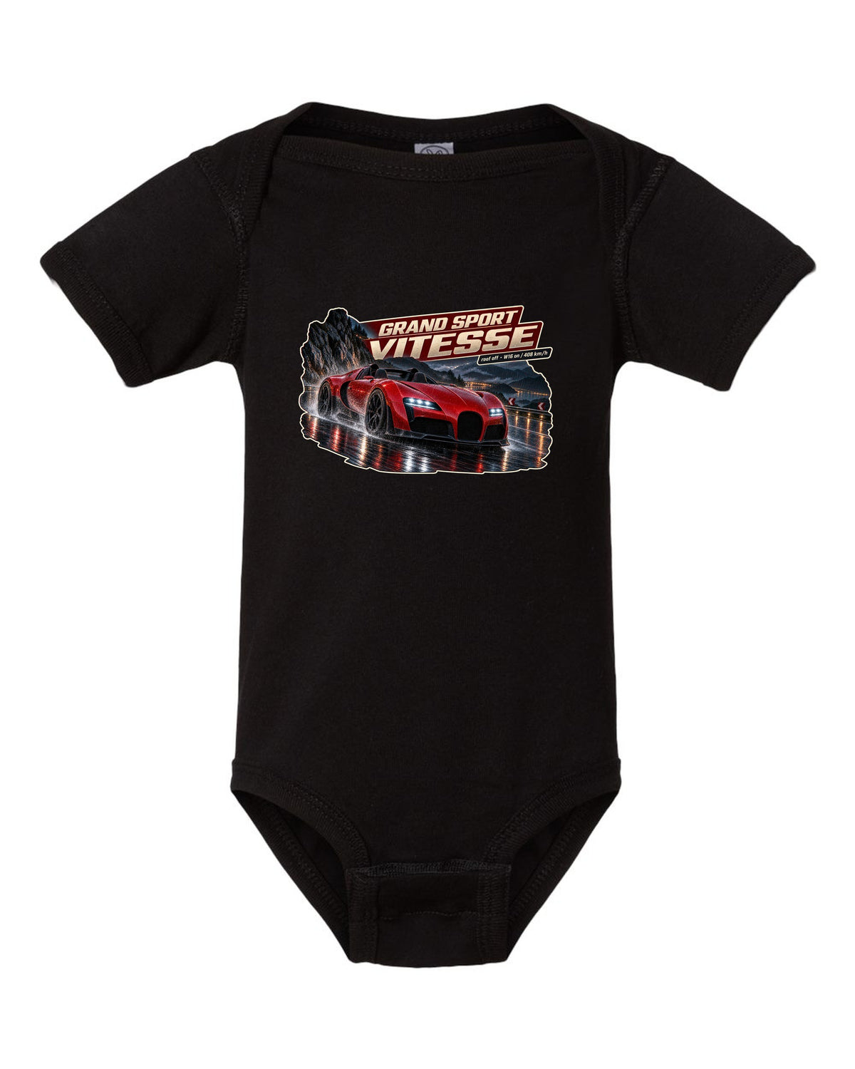 Night street poster of a Bugatti Veyron Grand Sport Vitesse with the roof off, print black baby onesie front view with the design