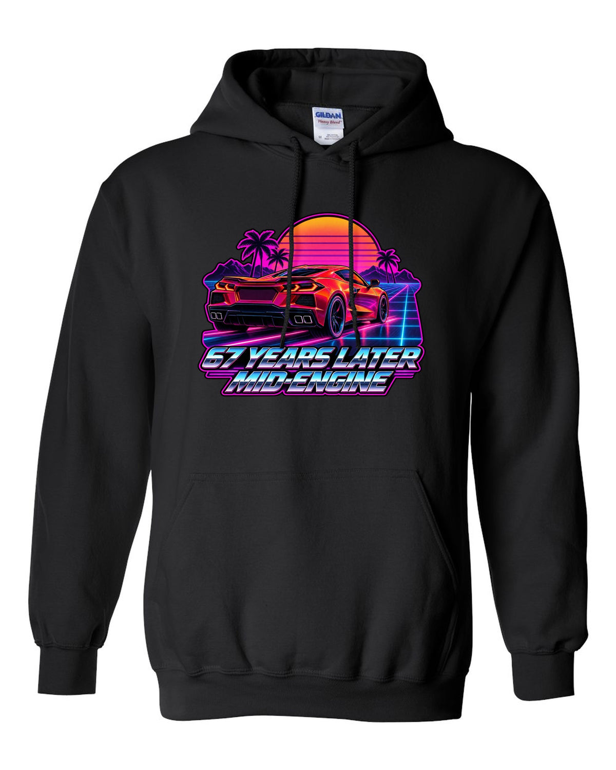 Spec-sheet data plate with overhead view of a 2023 C8 Corvette Z06 black pull over hoodie front view with the design