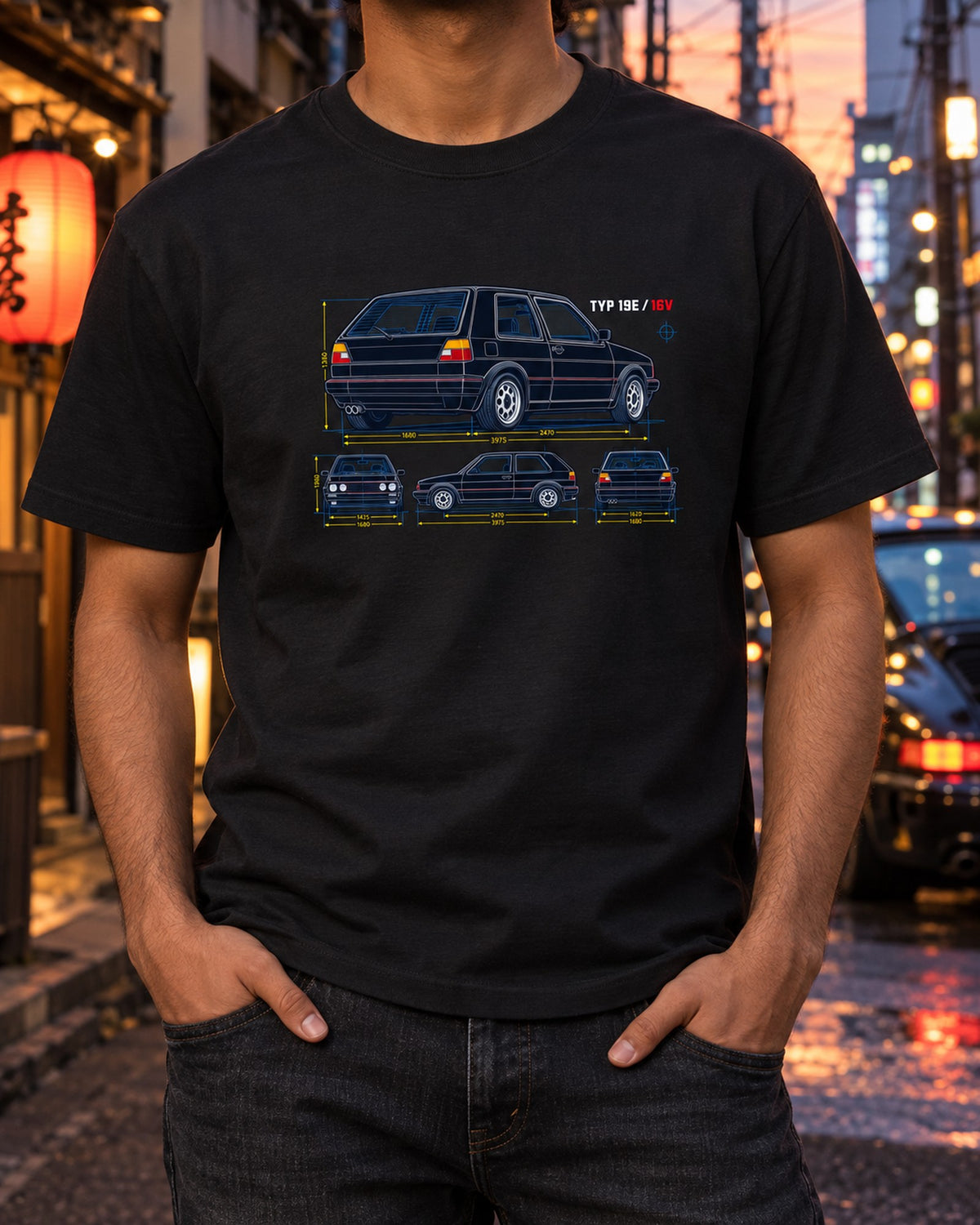 VW Golf Mk2 GTI 16V Blueprint Shirt, Typ 19E Patent Art T-Shirt Black worn hero