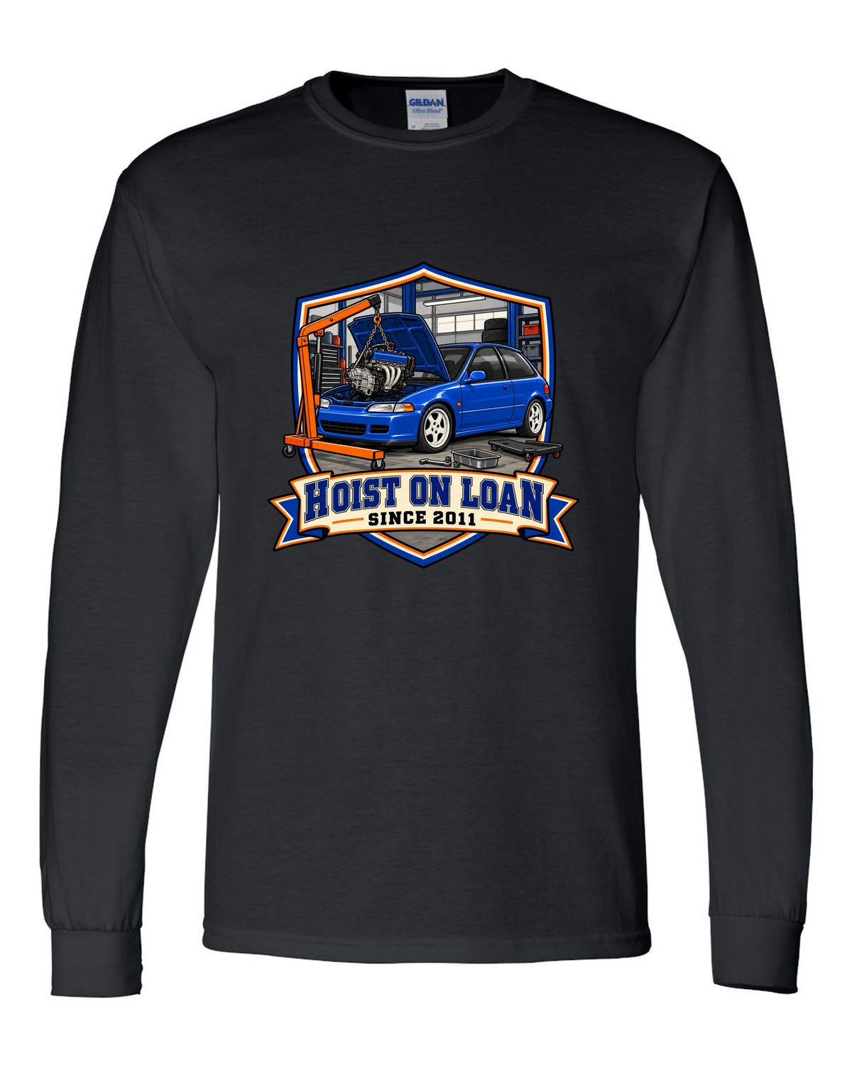 Embroidery patch style print of a 1992 Honda Civic EG6 ch with hoist on loan since 2011 text black long sleeve front view with the design