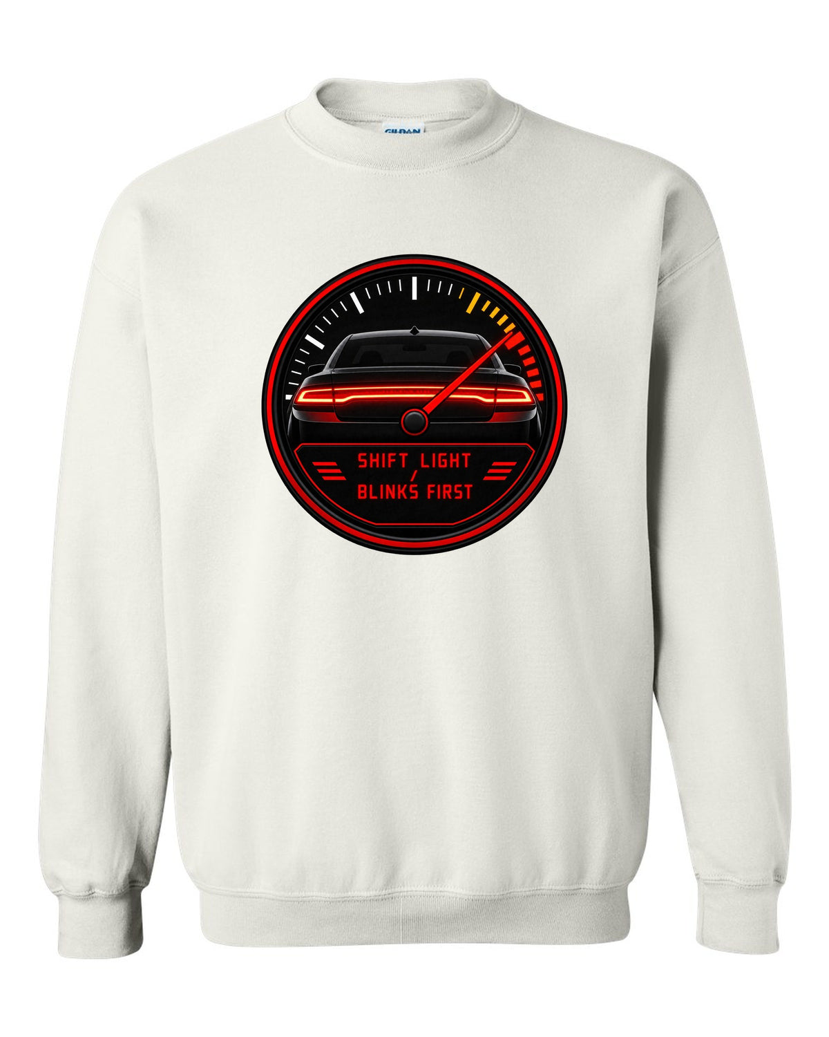 Hyundai Elantra N CN7 gauge-cluster HUD print with shift light blinks first text white crewneck front view with the design