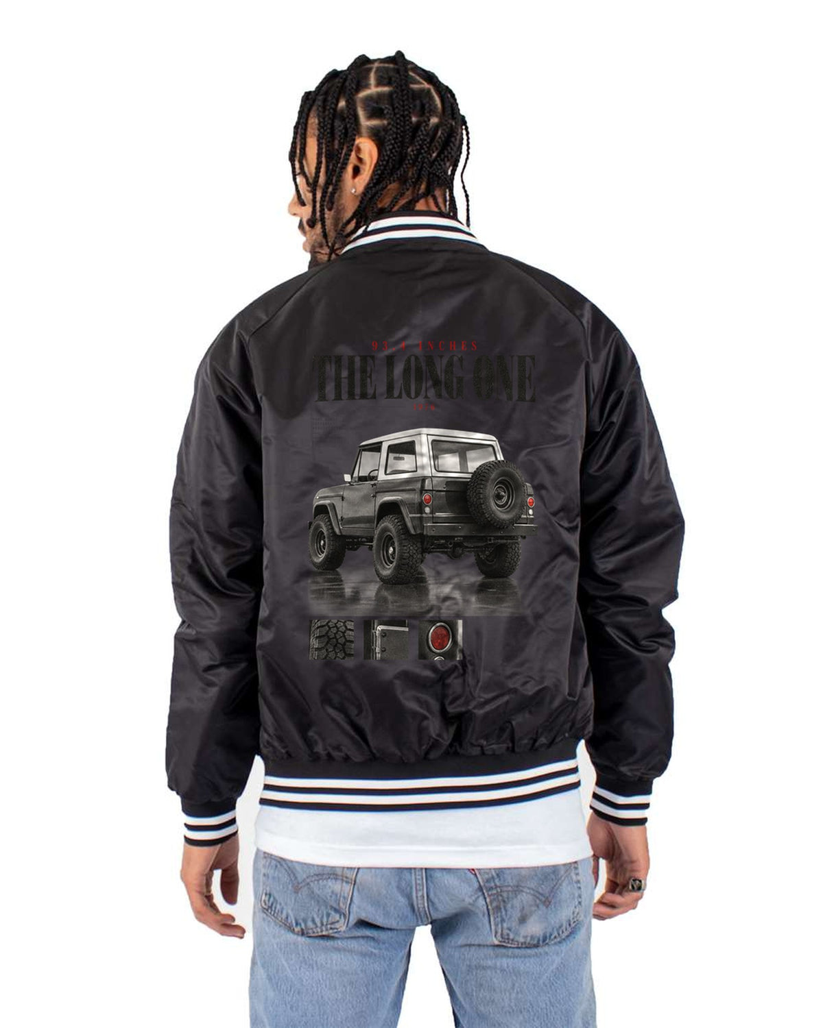 Jeep CJ-7 93.4 Inch Wheelbase Editorial Shirt, 1976-1986 Bomber Jacket Black back