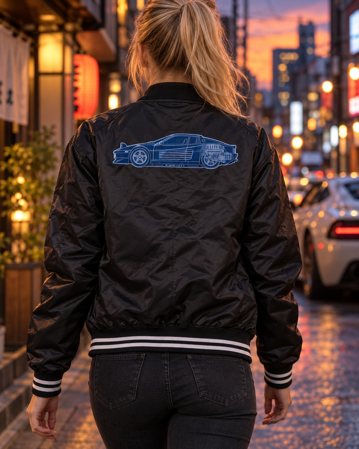 Ferrari Testarossa F110 Flat-12 Cyanotype Blueprint Tee Bomber Jacket Black worn hero