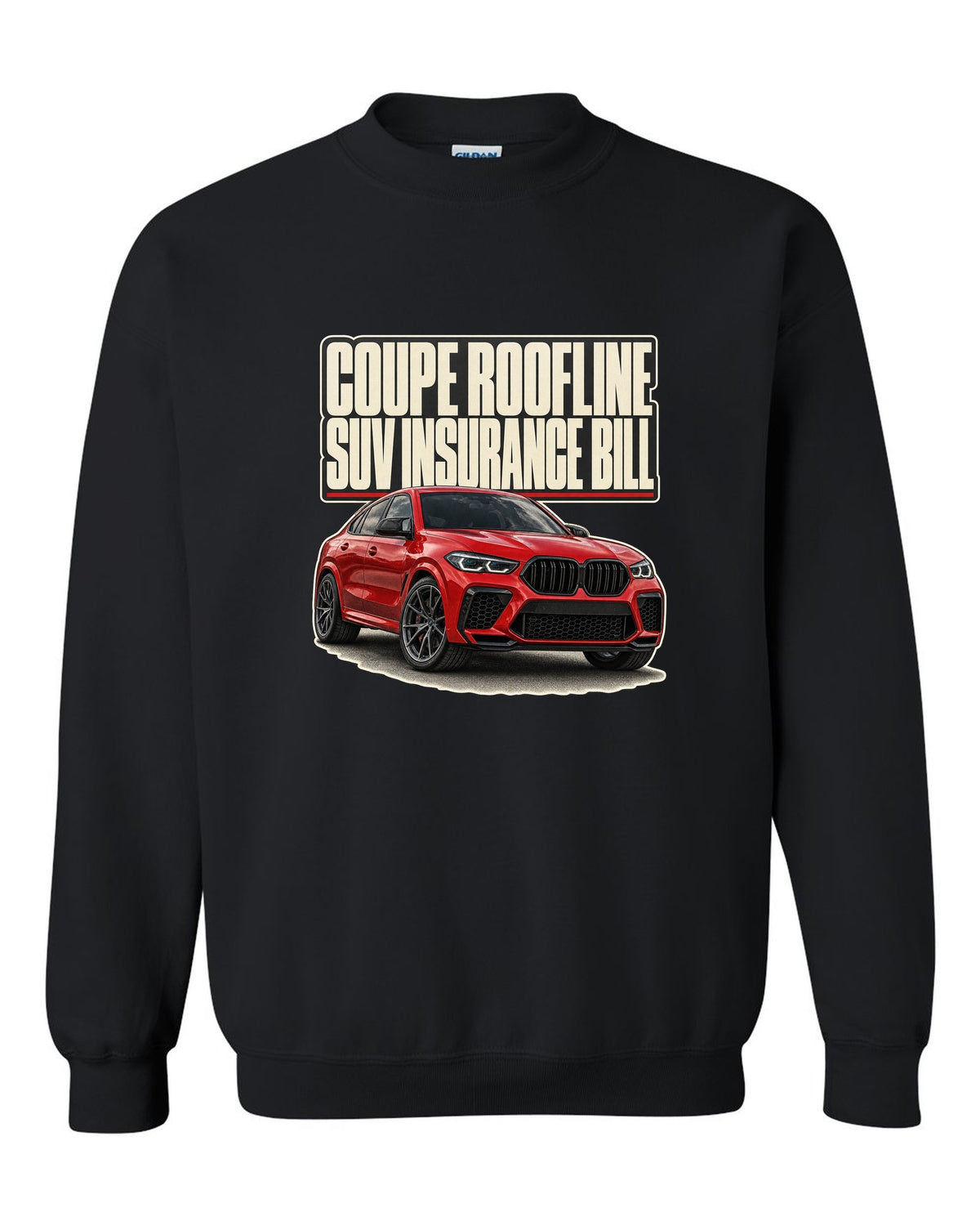 BMW X6 M Competition F96 editorial headline print on a tee black crewneck front view with the design
