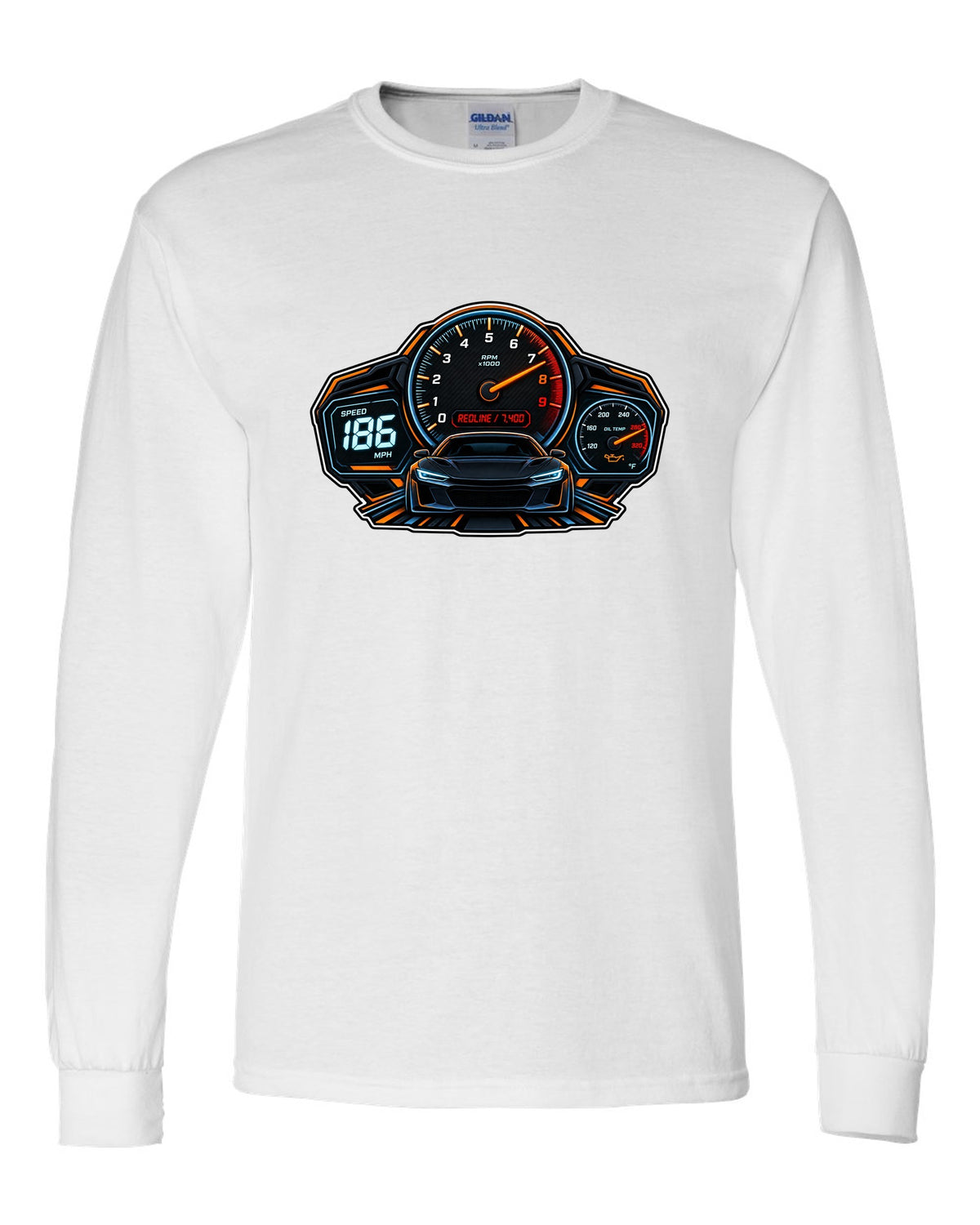 Gauge cluster HUD illustration for a Toyota GR86 ZN8 with Redline 7,400 lettering white long sleeve front view with the design