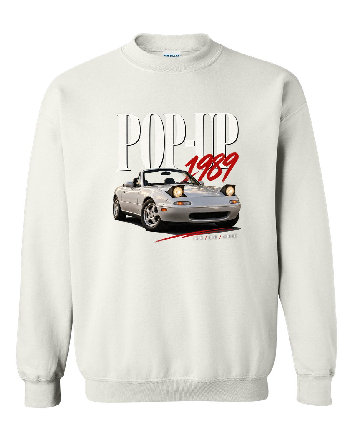 Editorial headline print for the Mazda MX-5 NA 1989-97 reading pop-up, 1989, 1.6L B6 white crewneck front view with the design