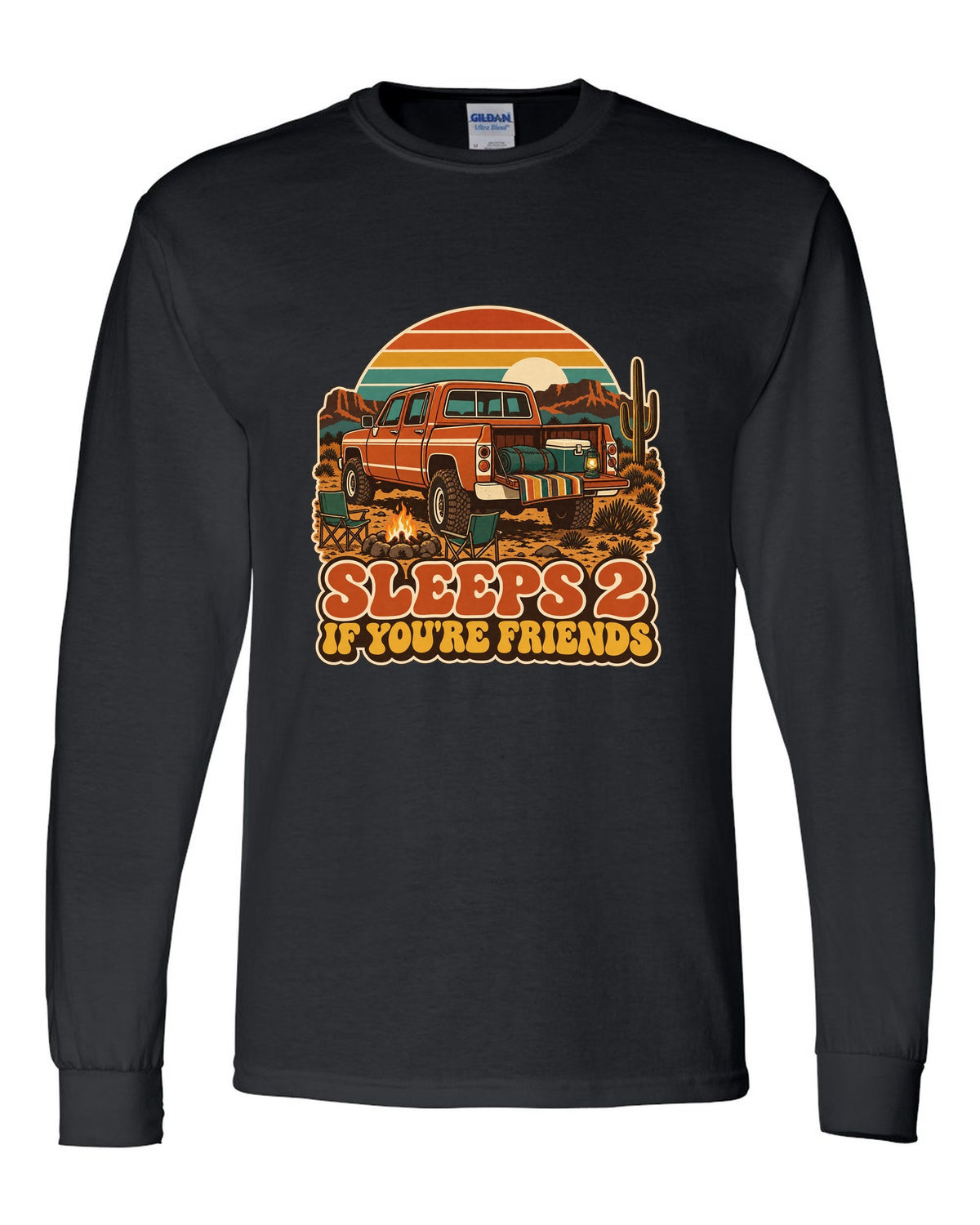 Jeep Gladiator JT retro 70s outdoors poster with sunset stripes and sleeps 2 text black long sleeve front view with the design