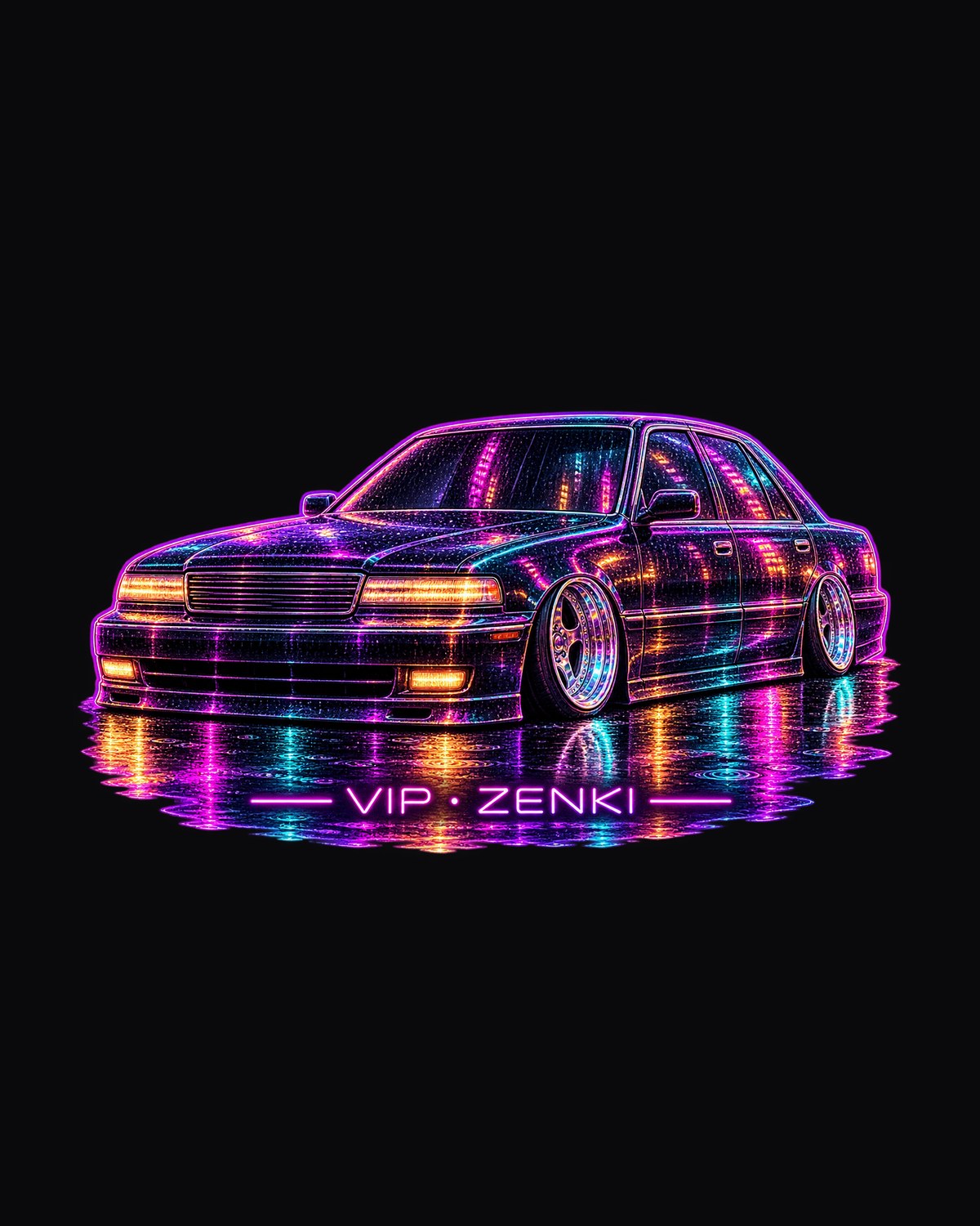 VIP Style Slammed Sedan Shirt, Neon Rain Reflections Print design only