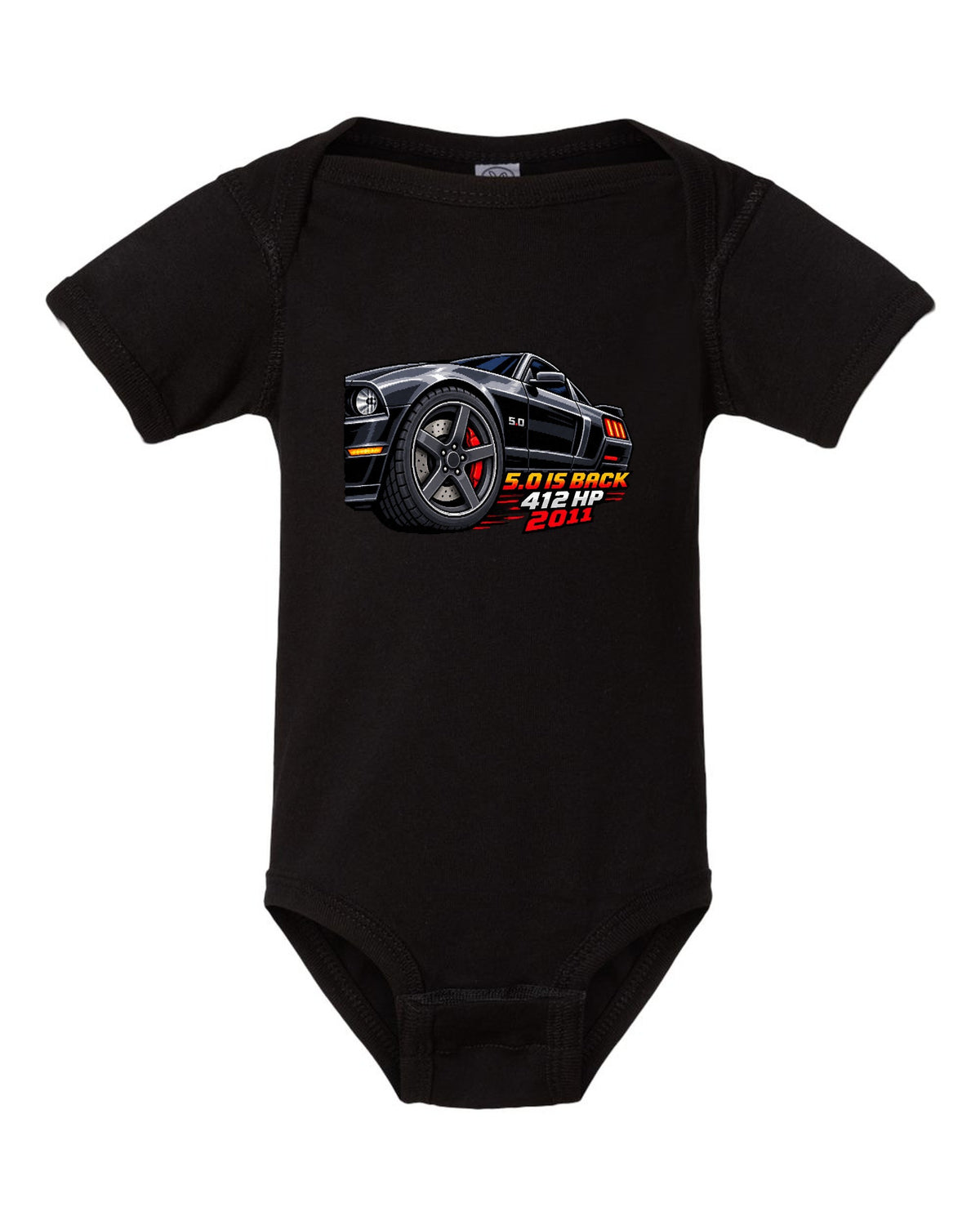 16-bit pixel art print of a Ford Mustang S197 GT wheel with 5.0 is back 412 HP text black baby onesie front view with the design