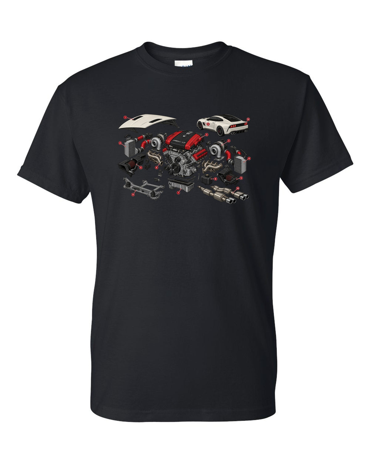 Isometric exploded cutaway print of the Kia Stinger GT CK Lambda II 3.3T engine black t-shirt front view with the design