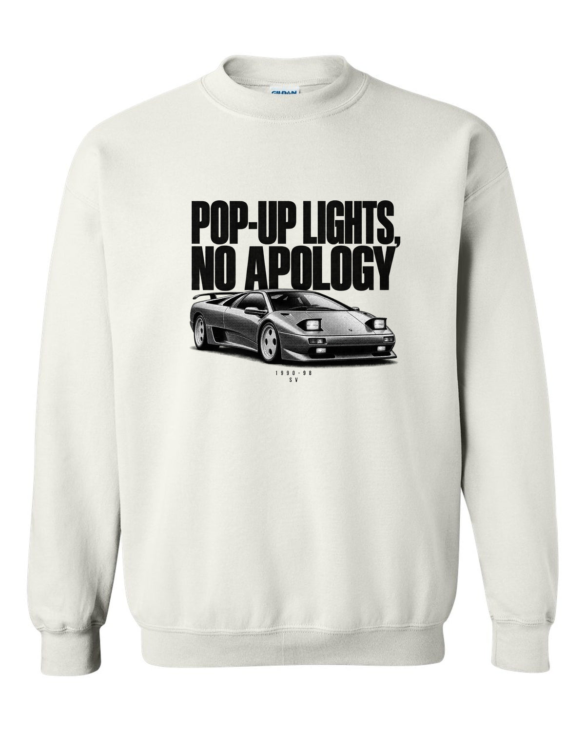 Halftone print of a Lamborghini Diablo SV with pop-up lights no apology text white crewneck front view with the design