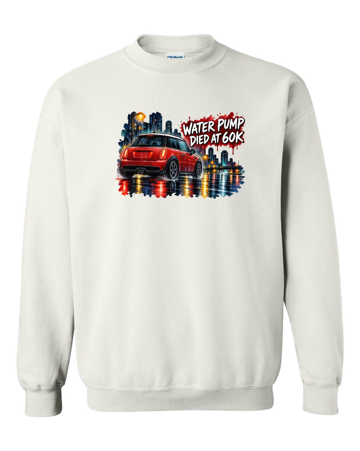 Watercolour night scene of a Mini Cooper S R56 on a wet road white crewneck front view with the design