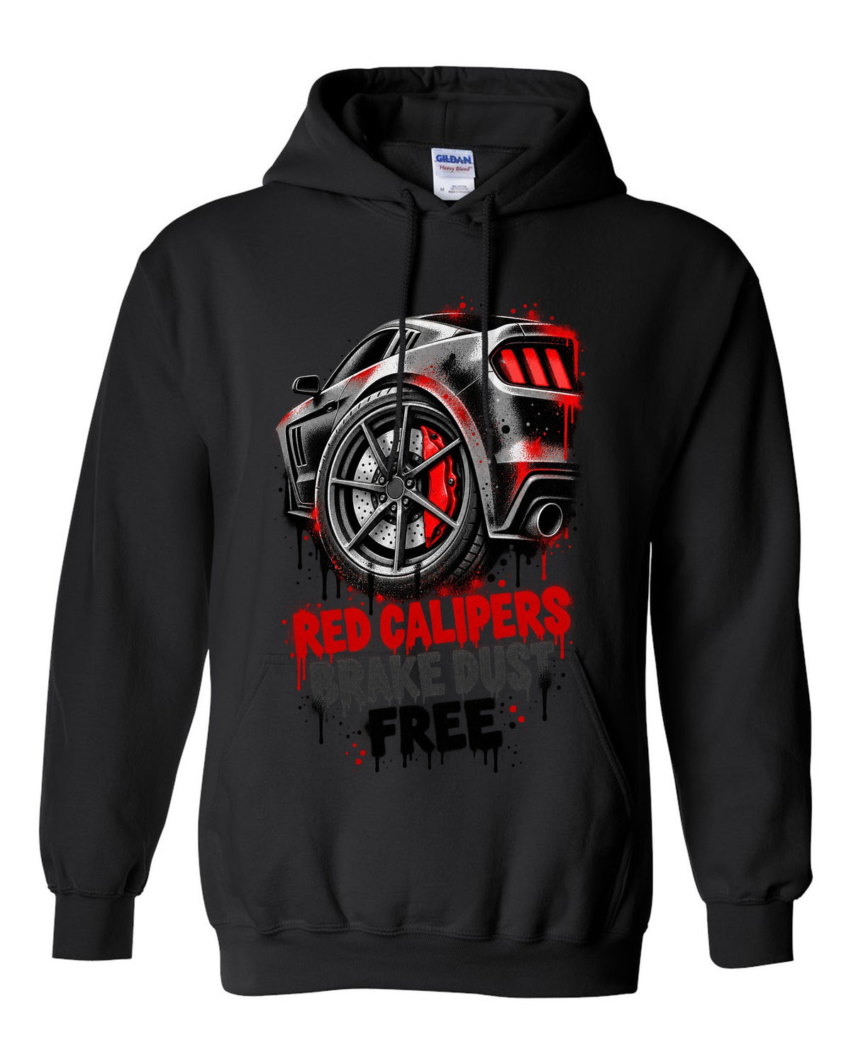 Stencil spray street art print of Kia Stinger GT CK red calipers with brake dust text black pull over hoodie front view with the design