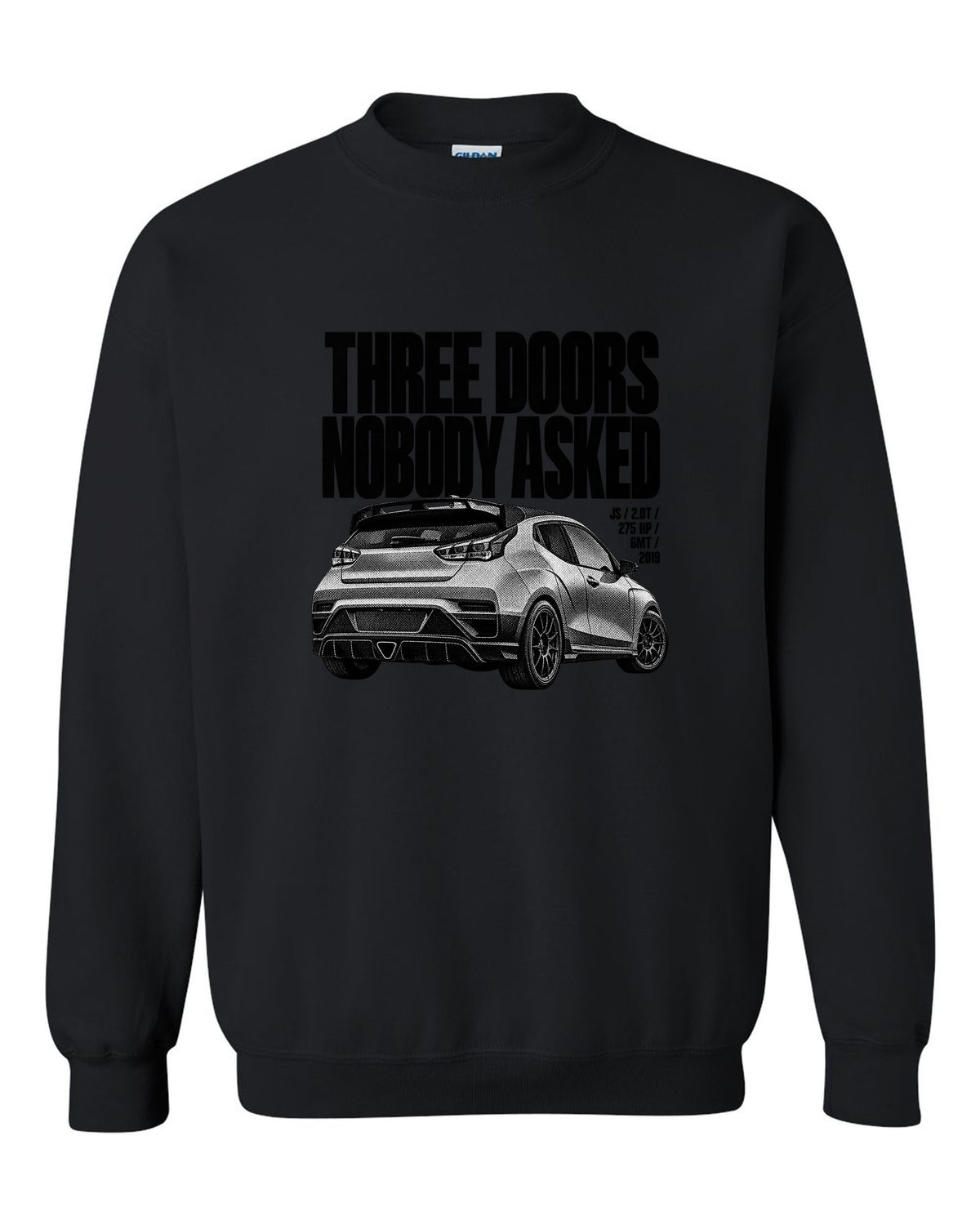 Hyundai Veloster N JS halftone print with three doors text black crewneck front view with the design
